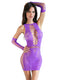 Lacy purple mini dress with matching arm warmers, featuring a stylish cut-out design and fitted silhouette. Perfect for trendy outfits.