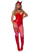 Leg Avenue Glitter Devil Horns Headband and Tail Set Red worn by a model in a striking red costume.