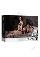 Ouch Bed Post Bindings Restraining Kit Black packaging with couple exploring bondage accessories.