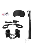 Ouch Bed Post Bindings Restraining Kit Black accessories including restraints, blindfold, and dice.