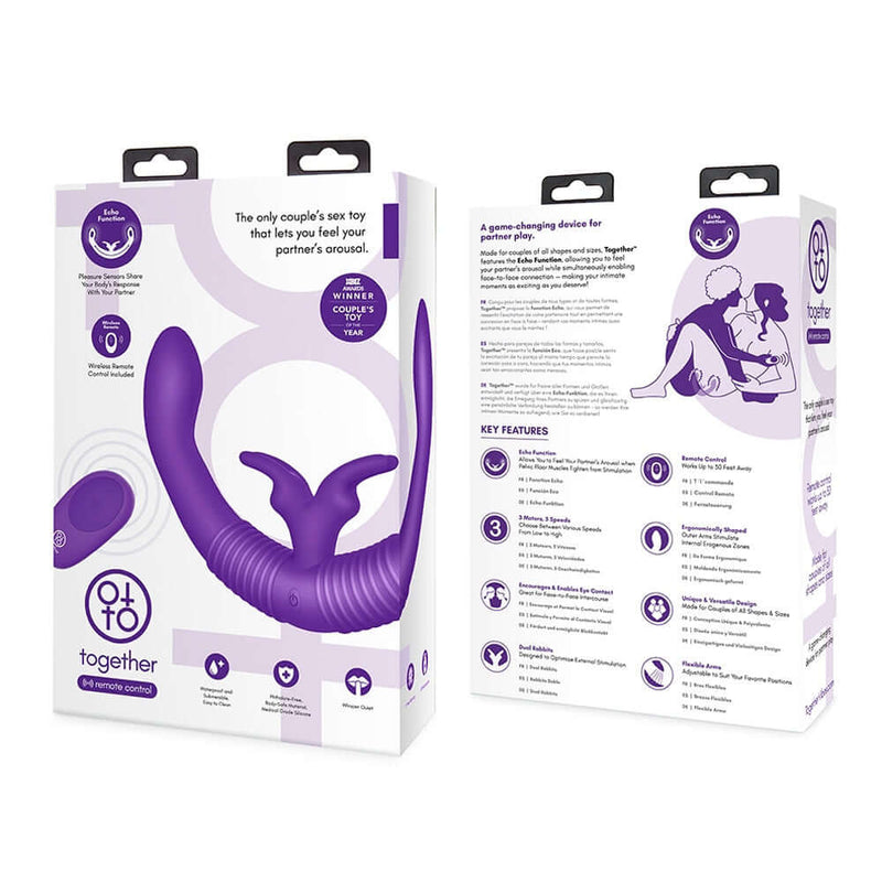 Together Couples Toy Remote Controlled Dual Ended Vibrator Purple packaging showcasing features and design.