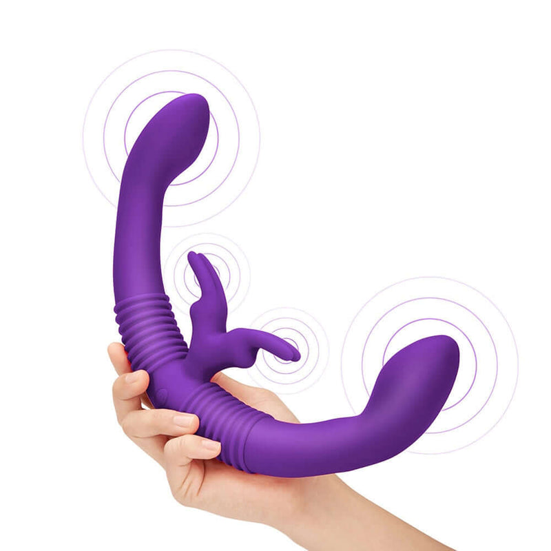 Together Couples Toy Remote Controlled Dual Ended Vibrator Purple held in hand, showcasing flexible design and ergonomic features.