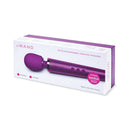 Le Wand Petite Rechargeable Massager Dark Cherry in elegant packaging, ideal for travel and versatile use.