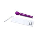 Le Wand Petite Rechargeable Massager Dark Cherry next to a white storage pouch.