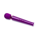 Le Wand Petite Rechargeable Massager Dark Cherry in a vibrant purple color, showcasing its sleek design and functional buttons.