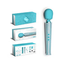Le Wand All That Glimmers Petite Massager Set Light Blue packaging and device displayed on a white background.