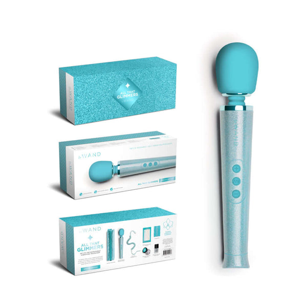 Le Wand All That Glimmers Petite Massager Set Light Blue packaging and device displayed on a white background.