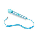 Le Wand All That Glimmers Petite Massager Set Light Blue with USB charging cord, featuring a sleek light blue design.