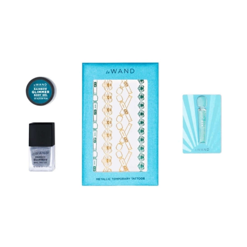 Le Wand All That Glimmers Petite Massager Set Light Blue with metallic temporary tattoos and glitter body gel displayed.