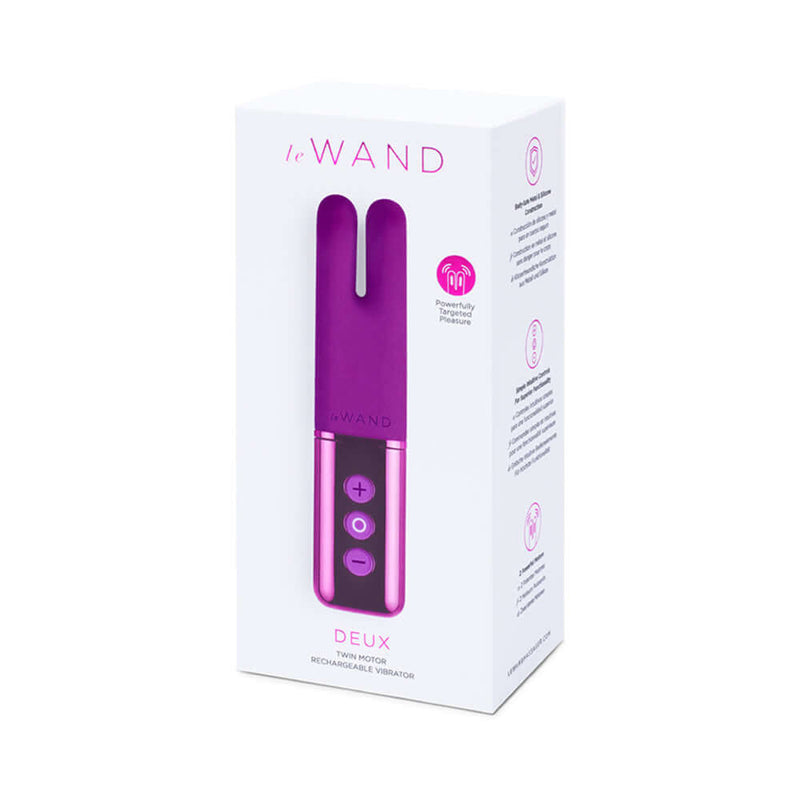 Le Wand Chrome Deux Rechargeable Mini Vibrator Dark Cherry packaging featuring a sleek design and user-friendly controls.