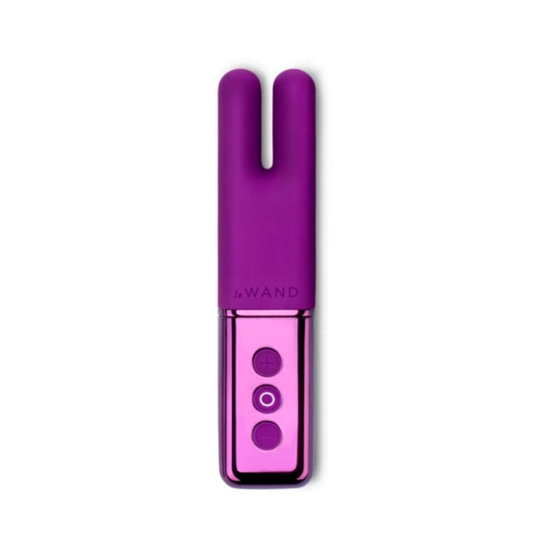 Le Wand Chrome Deux Rechargeable Mini Vibrator Dark Cherry with dual motors and bunny-ear design.