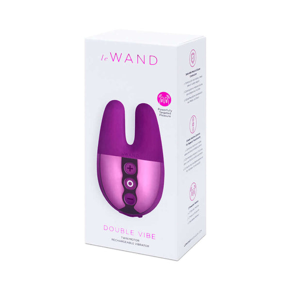 Le Wand Chrome Double Vibe Mini Vibrator Dark Cherry packaging showcasing its sleek design and features.