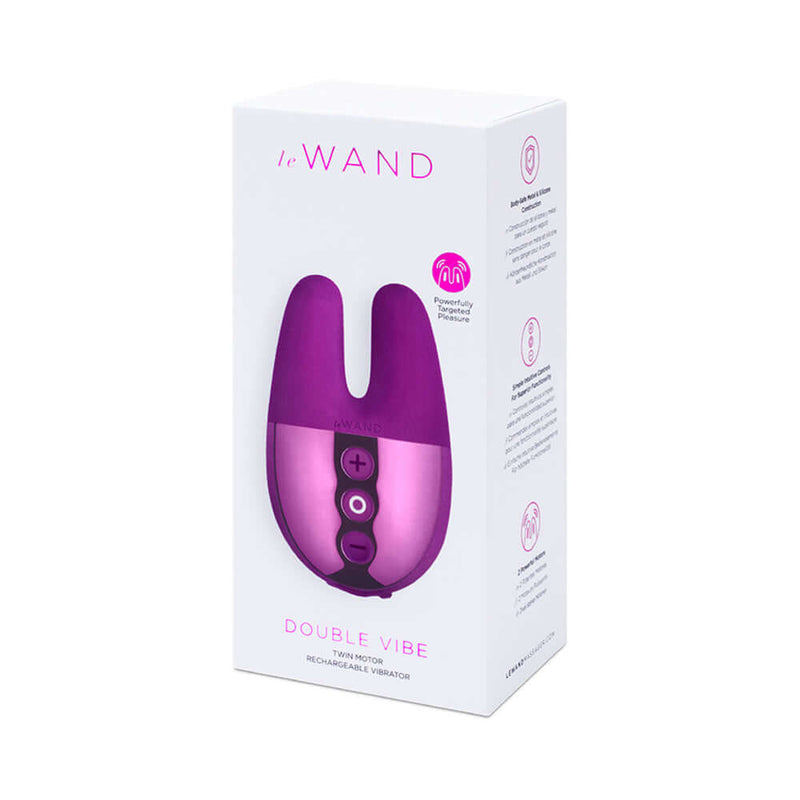 Le Wand Chrome Double Vibe Mini Vibrator Dark Cherry packaging showcasing its sleek design and features.