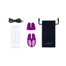 Le Wand Chrome Double Vibe Mini Vibrator Dark Cherry with USB charger, user manual, and storage pouch.