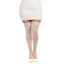 Dreamgirl Plus-Size Sheer Thigh-High Stockings White Queen worn with a white skirt and heels, showcasing a bridal look.