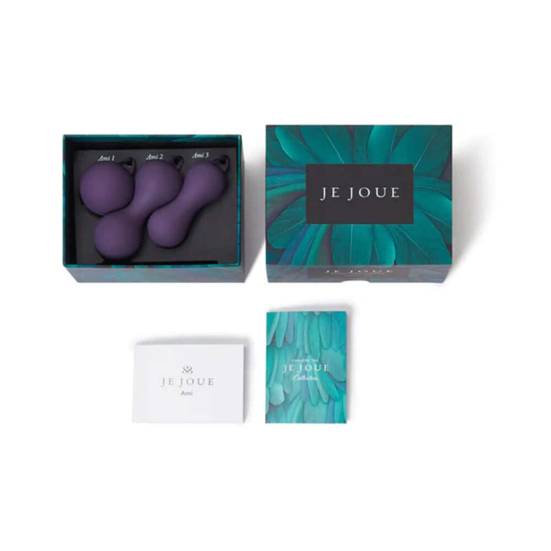 Je Joue Ami 3 Piece Silicone Kegel Set Purple in its packaging with three silicone weights and instruction card.