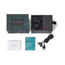 Je Joue Mio Vibrating Silicone Cock Ring Black packaging and accessories including instruction manual and charging cable.