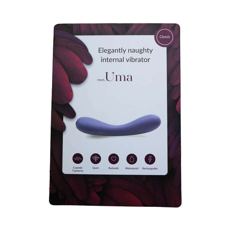 Je Joue Uma G-Spot Vibrator Purple in elegant packaging featuring vibrant colors and key product features.