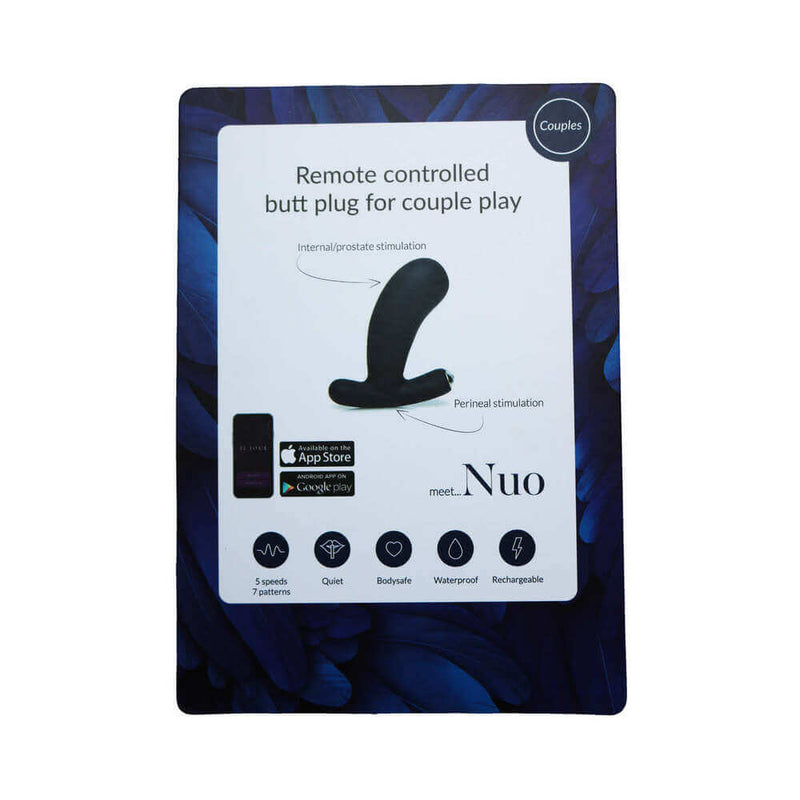 Je Joue Nuo V.2 App Compatible Anal Plug Black packaging showing remote controlled features for couple play.