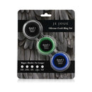 Je Joue Silicone Cock Ring 3-Piece Set Black Green Blue featuring levels of stretch in packaging.