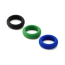 Je Joue Silicone Cock Ring 3-Piece Set Black Green Blue featuring soft silicone rings in black, green, and blue colors.