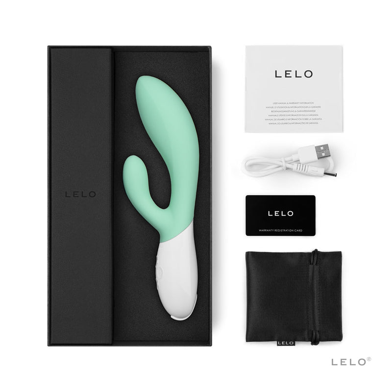 LELO INA 3 Rechargeable Dual Stimulator Seaweed in an elegant packaging with accessories.