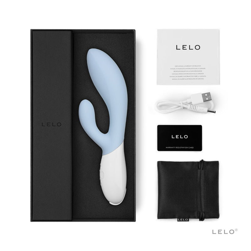 LELO INA 3 Rechargeable Dual Stimulator Seafoam with packaging, USB cable, and accessories.