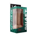 Shaft Model N 8.5 inch Dual Density Silicone Dildo Pine packaging on display against a vibrant green background.