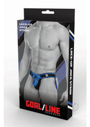 Goal Line Lace Up Jockstrap Blue Large XLarge packaging, showcasing athletic style and adjustable lace-up design.