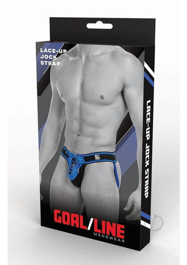 Goal Line Lace Up Jockstrap Blue Small Medium packaging showcasing sporty design and lace-up feature.