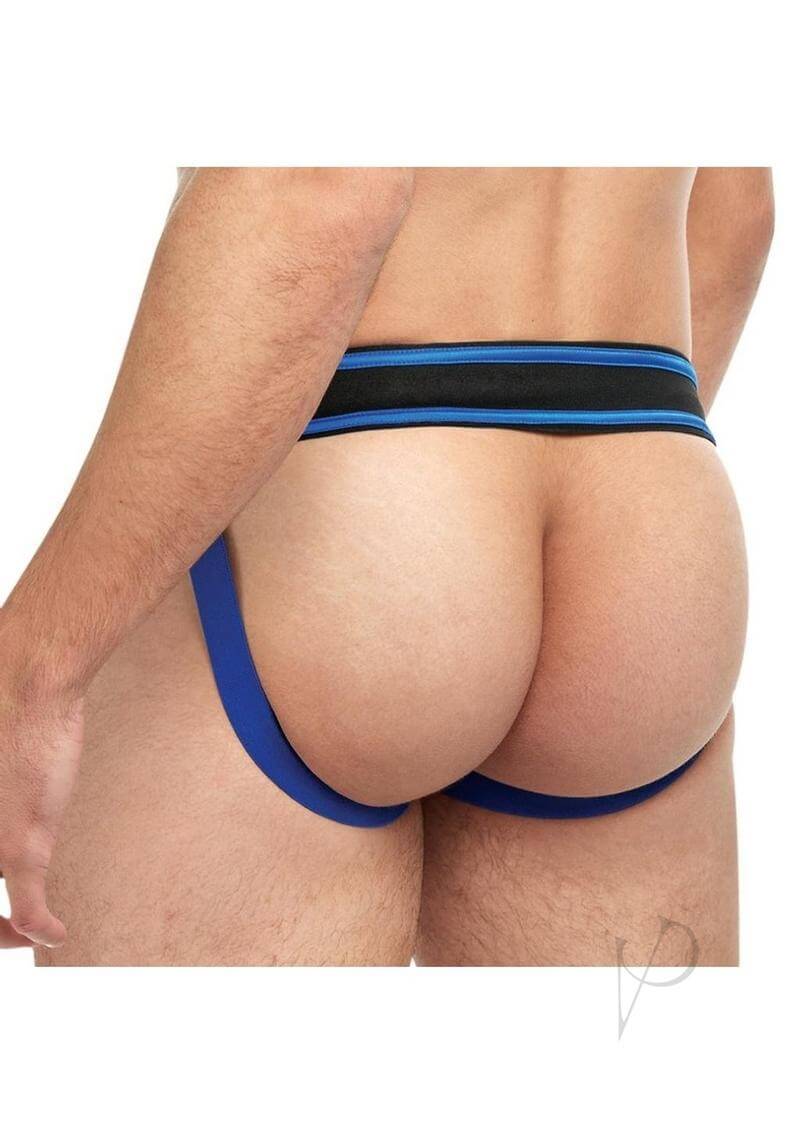 Goal Line Lace Up Jockstrap Blue Small Medium worn by a male model from behind, showcasing its sporty design and fit.