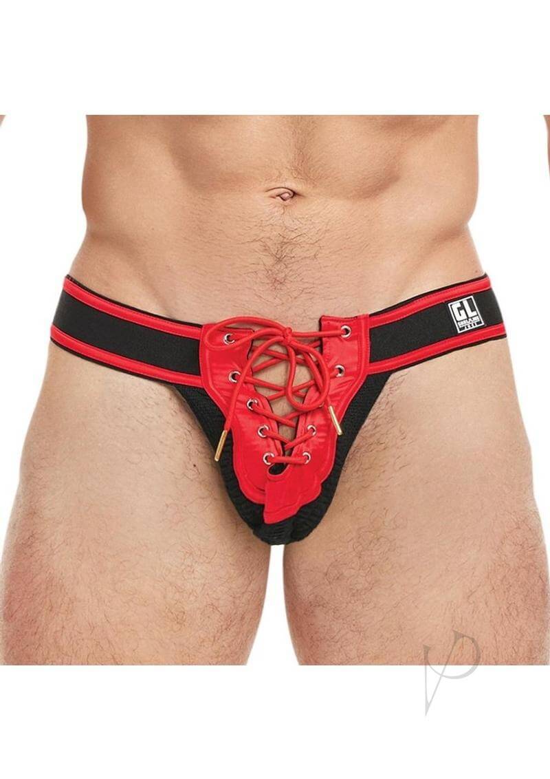 Goal Line Lace Up Jockstrap Red Large XLarge featuring a bold lace-up design for adjustable fit and athletic support.