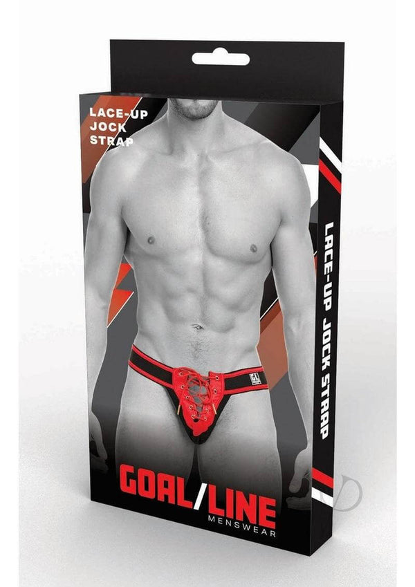 Goal Line Lace Up Jockstrap Red Small Medium packaging with lace-up design for athletic support and confidence.