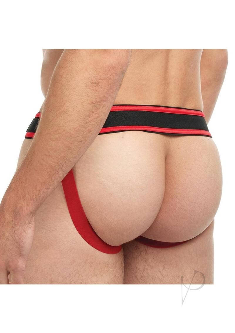 Goal Line Lace Up Jockstrap Red Small Medium showcasing its bold design and comfortable fit in red and black.