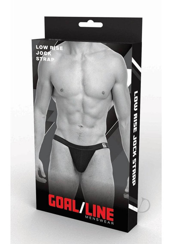 Goal Line Low Rise Jockstrap Black Large XLarge product packaging displayed on a male model.