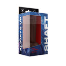 Shaft Model C 7.5 Inch Dual Density Silicone Dildo Mahogany in packaging on a colorful background.
