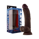 Shaft Model C 9.5 inch Dual Density Silicone Dildo with Balls Mahogany in packaging, showcasing realistic design and texture.