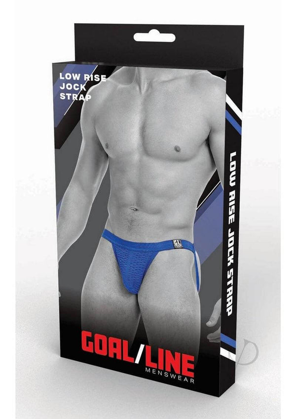Goal Line Low Rise Jockstrap Blue Small Medium packaging showcasing the sleek design and fit for confident wear.