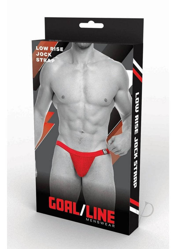 Goal Line Low Rise Jockstrap Red Large XLarge packaging displaying a male model wearing the jockstrap.
