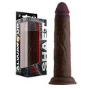 Shaft Model J 8.5 Inch Dual Density Silicone Dildo Mahogany in packaging, showcasing its realistic design and firmness.
