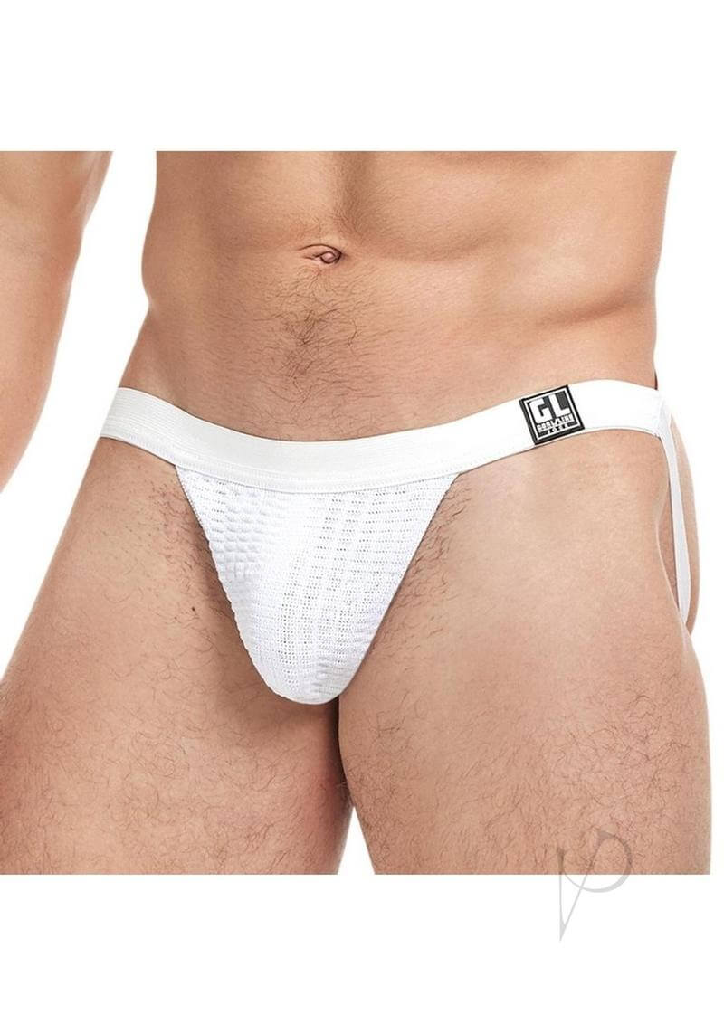 Goal Line Low Rise Jockstrap White Small Medium showcasing a sleek low-rise athletic fit on a male model.