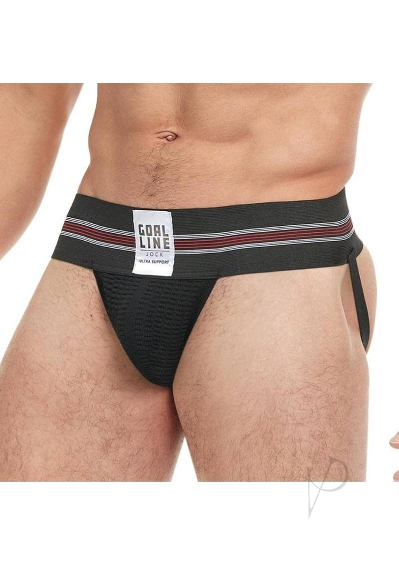 Goal Line Class Jockstrap Large XLarge Black on display, featuring a comfortable fit and wide elastic waistband.