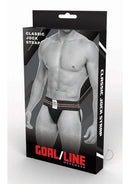 Goal Line Classic Jockstrap Black Small Medium in packaging featuring athletic model wearing it.