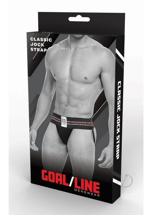 Goal Line Classic Jockstrap Black Small Medium in packaging featuring athletic model wearing it.