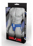 Goal Line Class Jockstrap Large XLarge Blue packaging display featuring a male model.