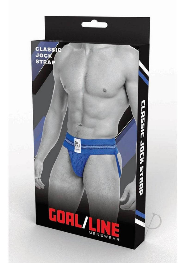 Goal Line Class Jockstrap Large XLarge Blue packaging display featuring a male model.