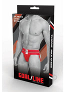 Goal Line Class Jockstrap Small Medium Red packaging showcasing a classic jock strap design for men's athletic wear.