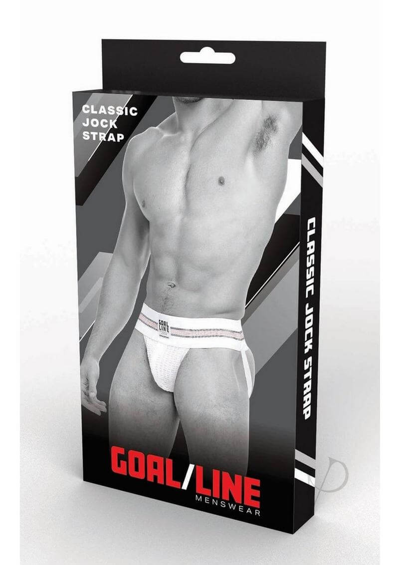 The Goal Line Classic Jockstrap White Large XLarge packaging featuring athletic design and modern style.