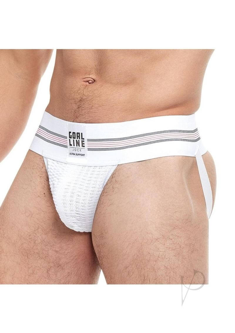 The Goal Line Classic Jockstrap White Large XLarge displayed on a male model, showcasing its athletic support and style.