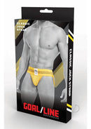 Goal Line Class Jockstrap Small Medium Yellow packaging featuring a fit model in a classic jockstrap design.